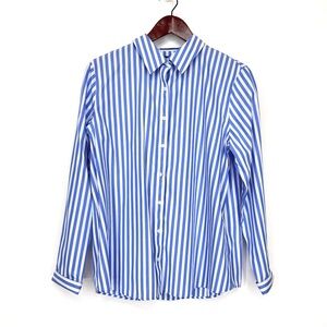 Lands’ End Coastal Striped Blue & White Button Down Shirt Preppy Dressy Size 12